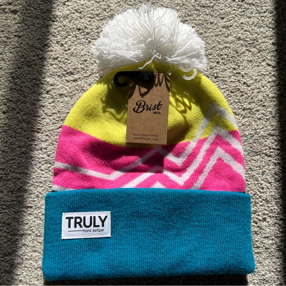 NEW/NWT Truly Hard Seltzer Beanie Knit Winter Hat Pom Pom Yellow Pink Blue Pom P